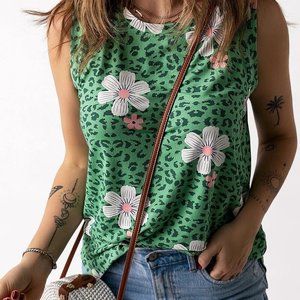 green floral leopard print tank